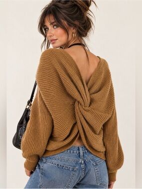 Batwing Loose Fit V Neck Knit Knotted Back Sweater | Brown | Size Small
